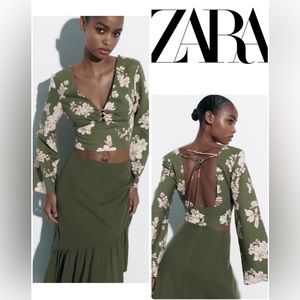 NEW ZARA 2023 CRUISE LINEN BLEND Printed Floral Bell sleeves crop top Large L